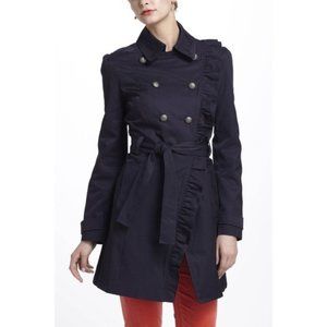 Anthropologie Elevenses double breasted blue ruffle trench coat Size 6